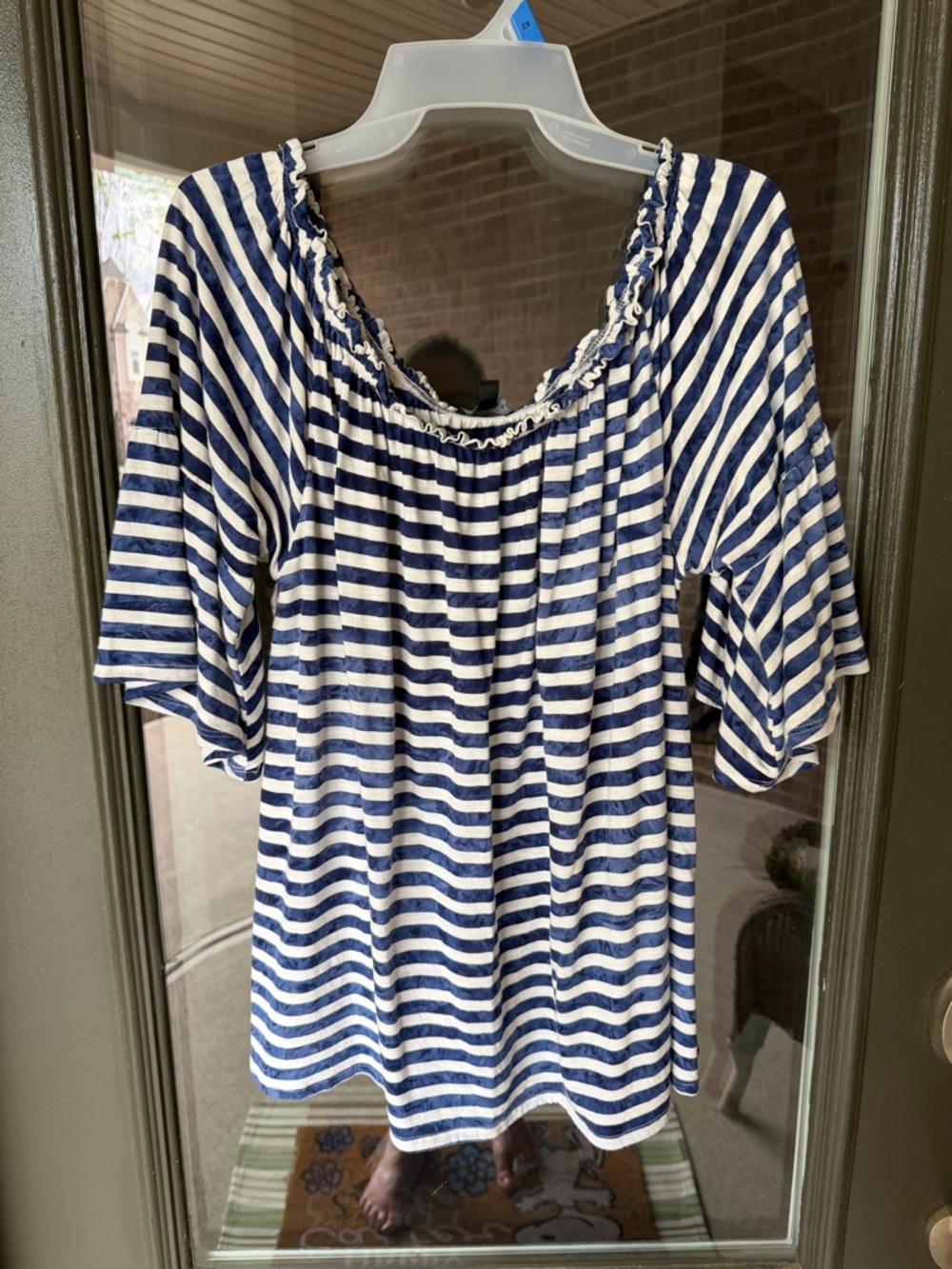 Lane Bryant Navy and White Striped Off-Shoulder Top